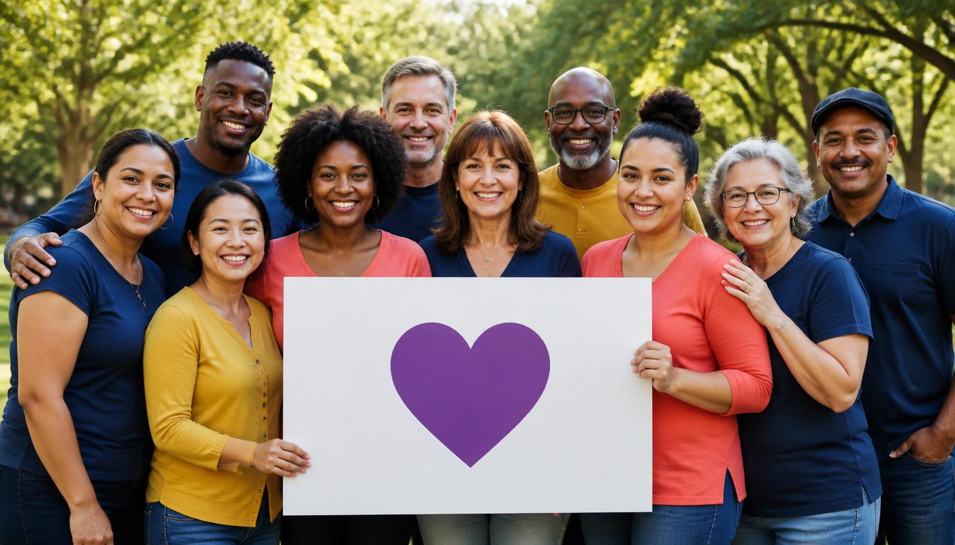 Diverse community members smiling together and holding a heart sign