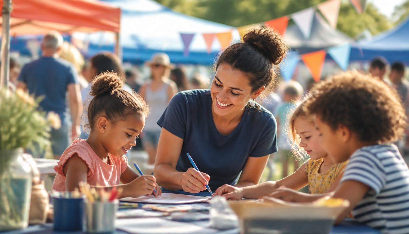 A smiling community member helping children with art supplies at a sunny outdoor market
