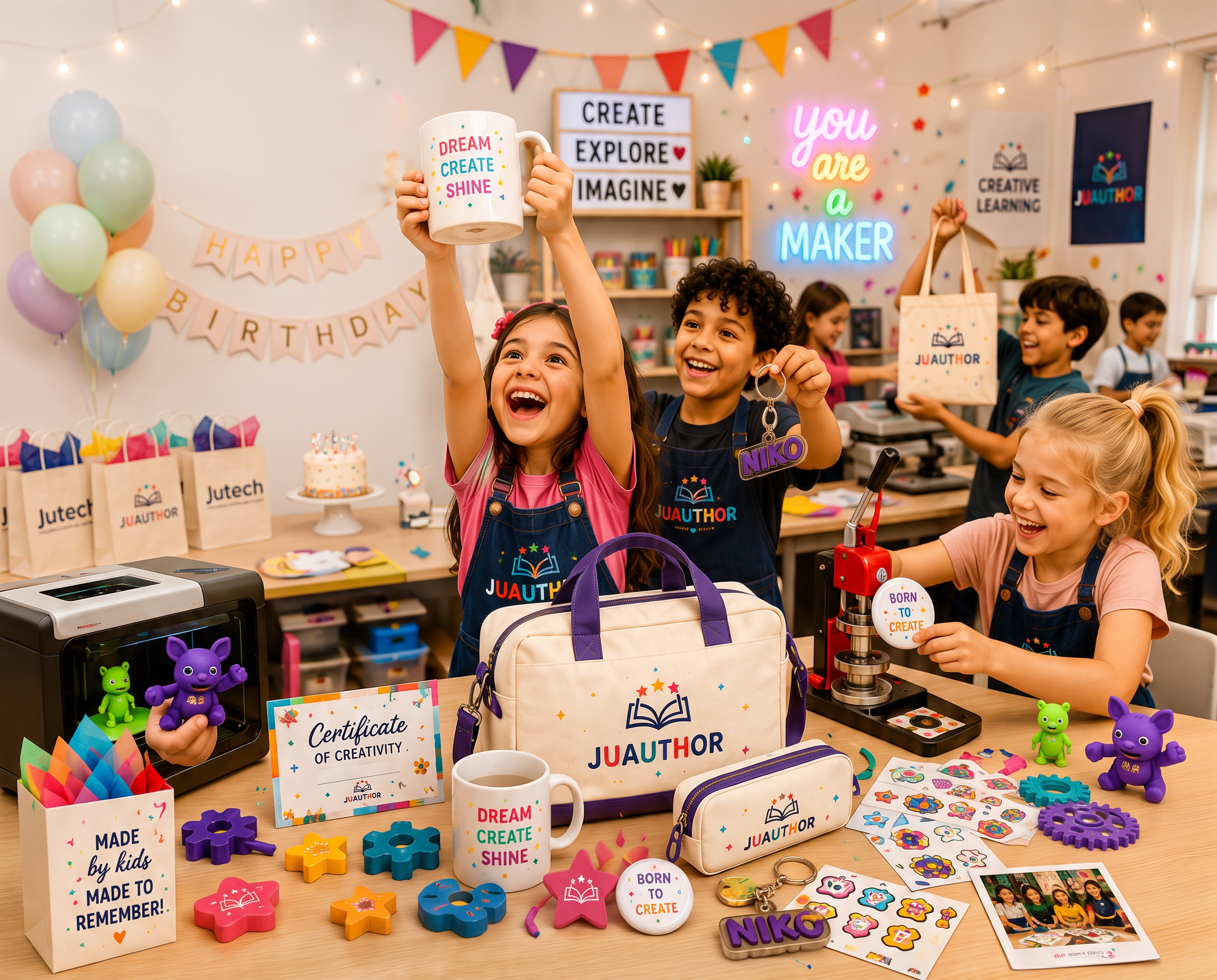 Children creating together at a JUAUTHOR Studio birthday party
